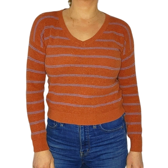 Prana Striped Long Sleeve V Neck Top Size Small Orange - Picture 1 of 5